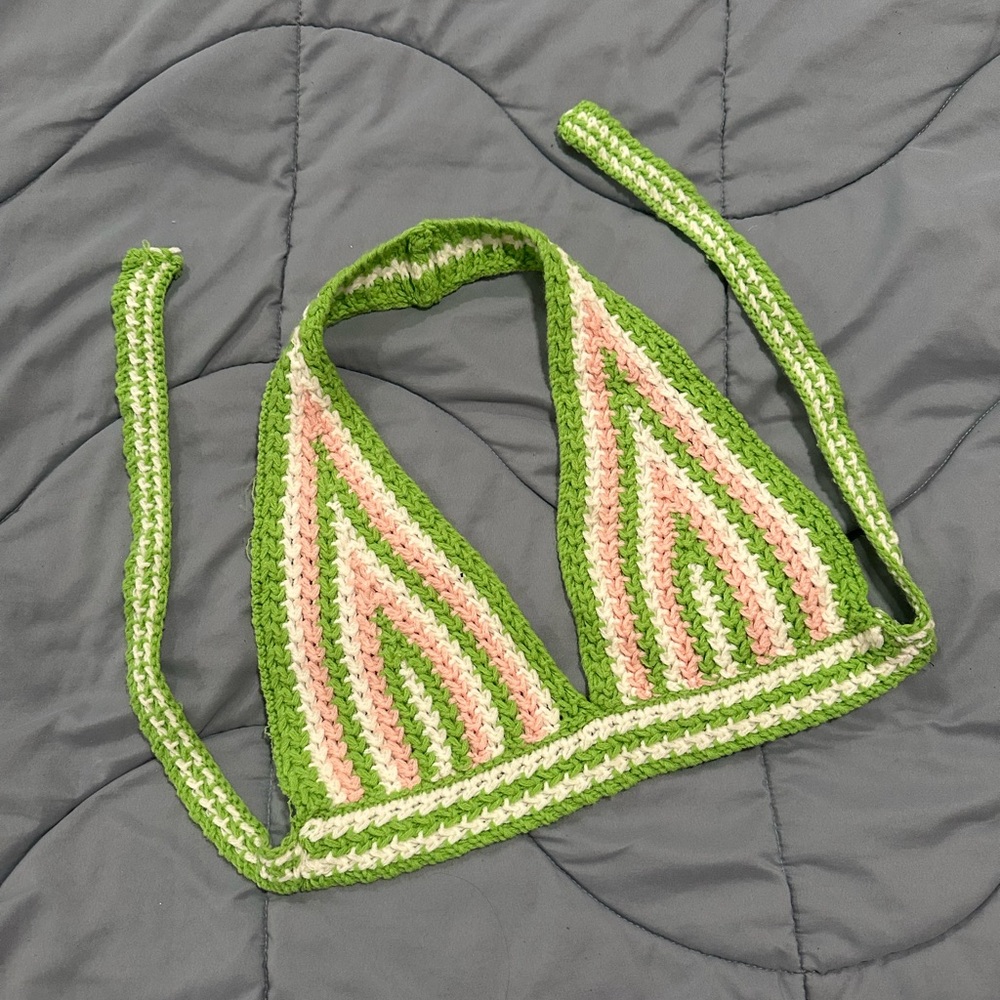Green, Pink and White Crochet Halter Top